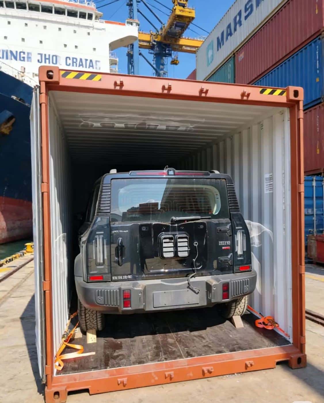 SUV arrimé dans un conteneur de 40 pieds